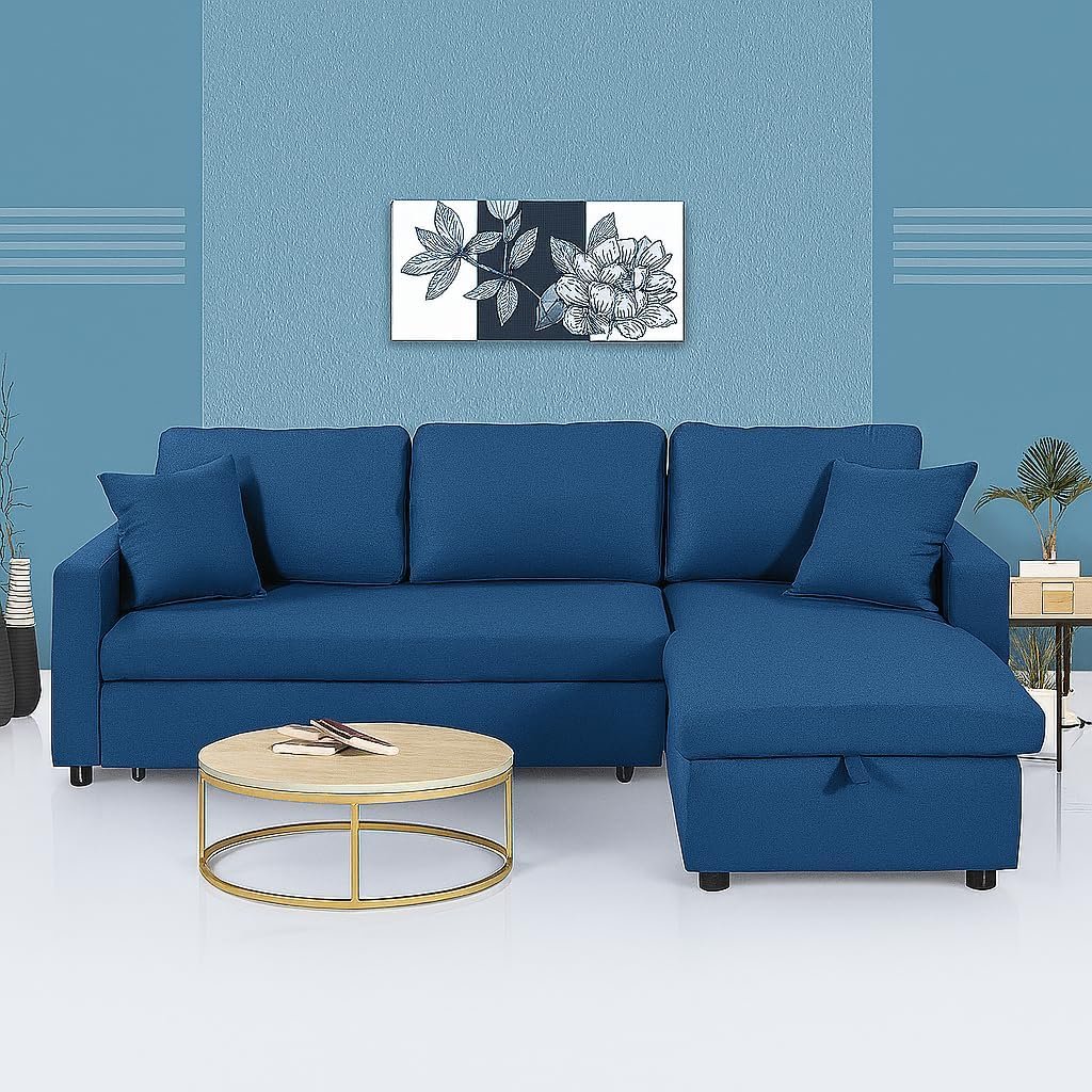 RESTI RIDA 3-Seater L-Shaped Sofa Cum Bed with Storage | Convertible Fabric Corner Couch for Living Room Furniture Cushion Back Track Arms & Metal Frame Blue