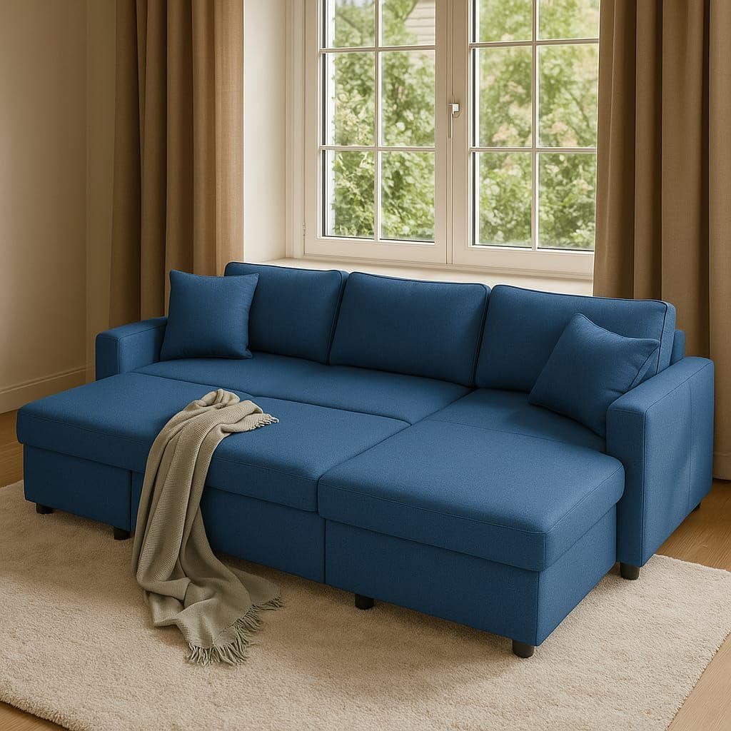 RESTI RIDA 3-Seater L-Shaped Sofa Cum Bed with Storage | Convertible Fabric Corner Couch for Living Room Furniture Cushion Back Track Arms & Metal Frame Blue - Image 3