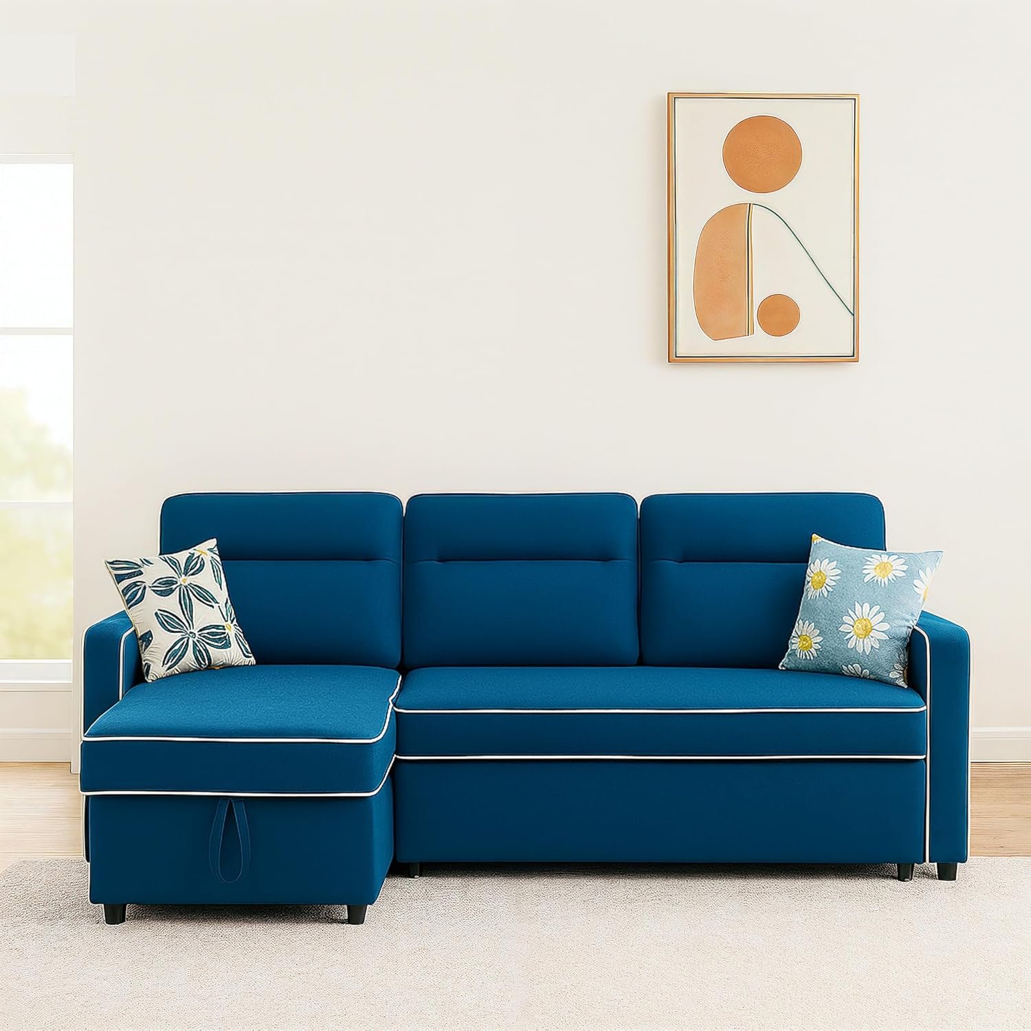 RESTI TIVID 3-Seater Diwan Sofa Cum Bed with Convertible Left/Right Chaise & In-Built Storage | Blue Fabric Upholstery | Space-Saving Modern Sofa Bed for Living Room | L-Shaped Sleeper Couch