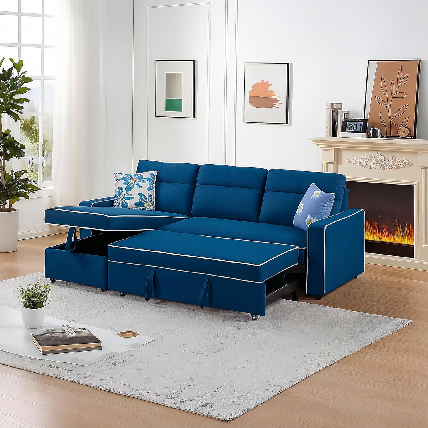 RESTI TIVID 3-Seater Diwan Sofa Cum Bed with Convertible Left/Right Chaise & In-Built Storage | Blue Fabric Upholstery | Space-Saving Modern Sofa Bed for Living Room | L-Shaped Sleeper Couch - Image 2