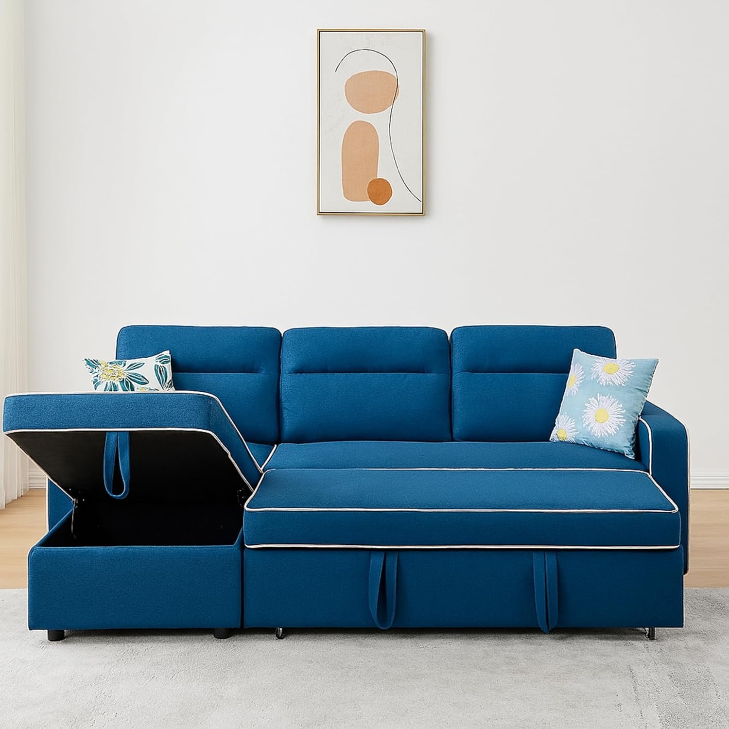 RESTI TIVID 3-Seater Diwan Sofa Cum Bed with Convertible Left/Right Chaise & In-Built Storage | Blue Fabric Upholstery | Space-Saving Modern Sofa Bed for Living Room | L-Shaped Sleeper Couch - Image 3