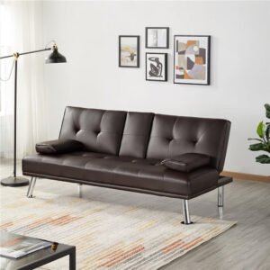 RESTI TUFI Sofa Bed – Convertible Faux Leather Loveseat Sleeper with Armrest & Cup Holders | Upholstered Couch for Small Spaces, Living Room or Guest Room | Compact Sofa Cum Bed (Brown)