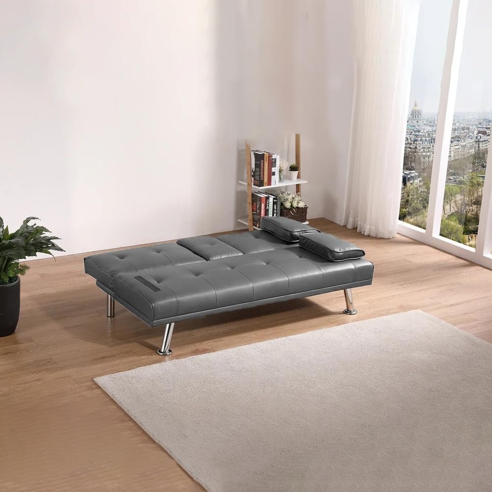 RESTI TUFI Sofa Bed – Convertible Faux Leather Loveseat Sleeper with Armrest & Cup Holders | Upholstered Couch for Small Spaces, Living Room or Guest Room | Compact Sofa Cum Bed (Grey) - Image 2