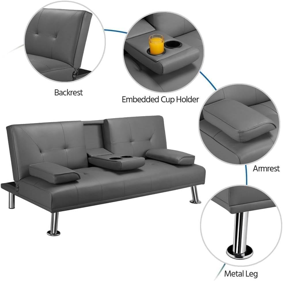 RESTI TUFI Sofa Bed – Convertible Faux Leather Loveseat Sleeper with Armrest & Cup Holders | Upholstered Couch for Small Spaces, Living Room or Guest Room | Compact Sofa Cum Bed (Grey) - Image 3