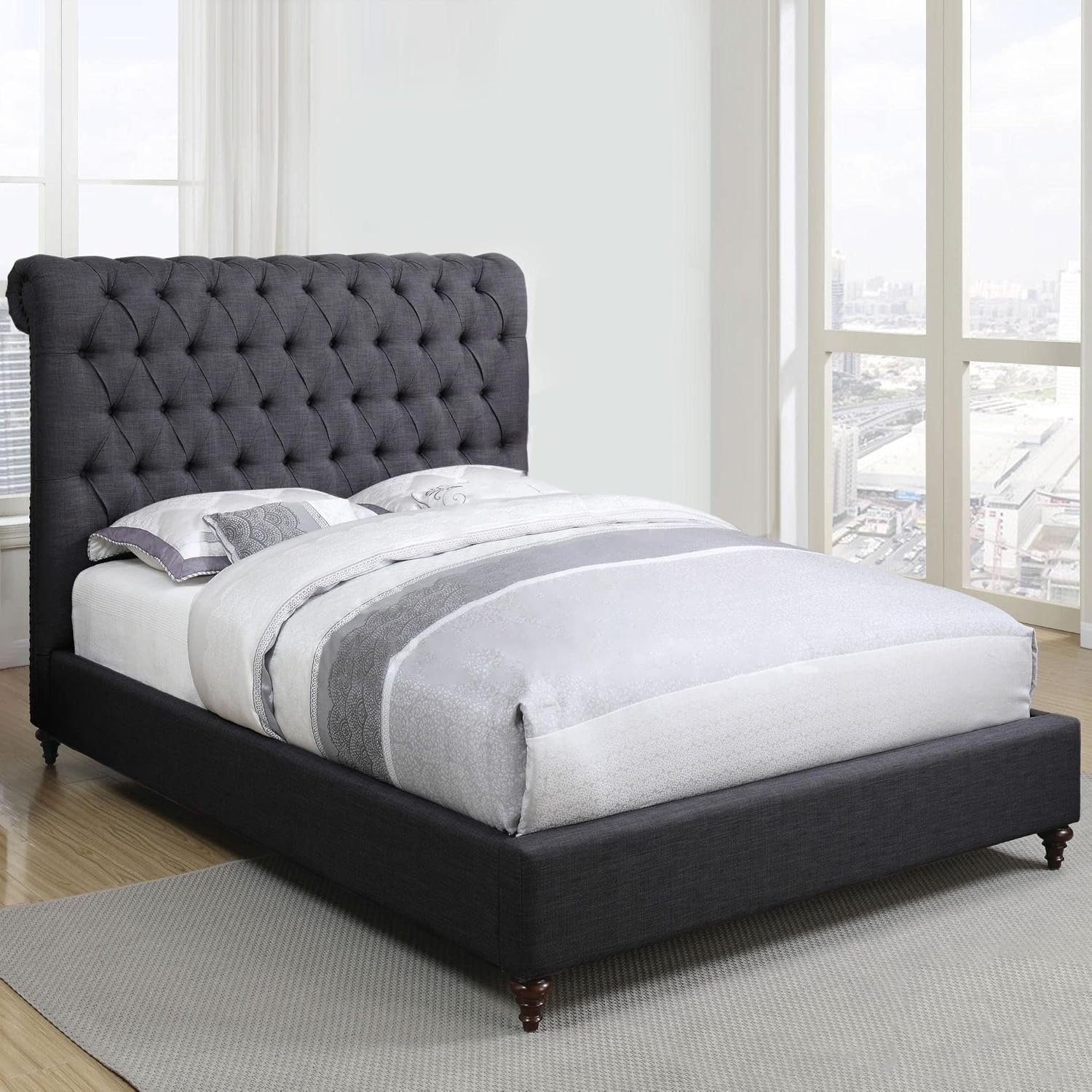 Karnak Rolled Top Upholstered Linen Bed With 2 Nightstand - Black, Queen: 160 x 200cm