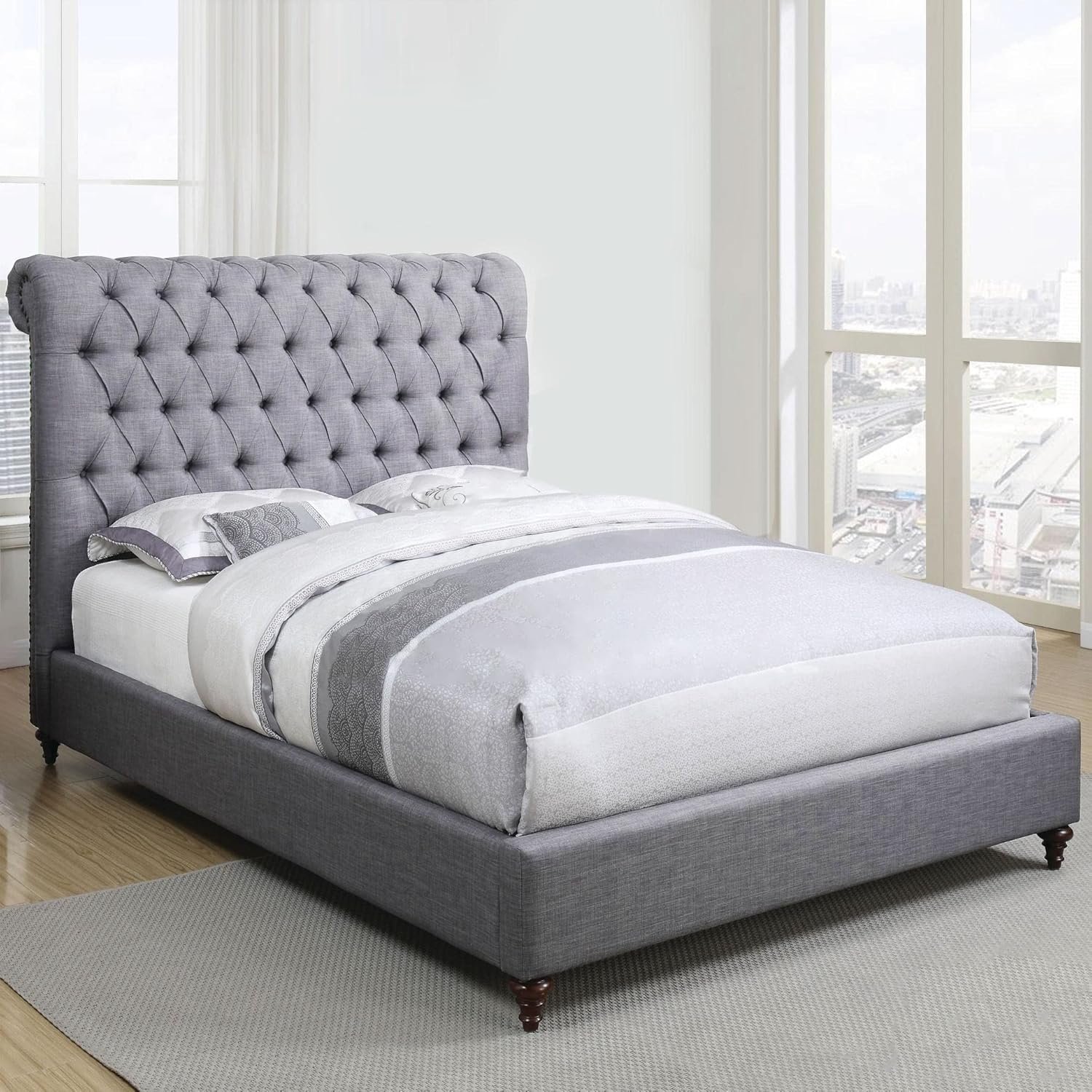 Karnak Rolled Top Upholstered Linen Bed With 2 Nightstand - Black, Queen: 160 x 200cm - Image 2