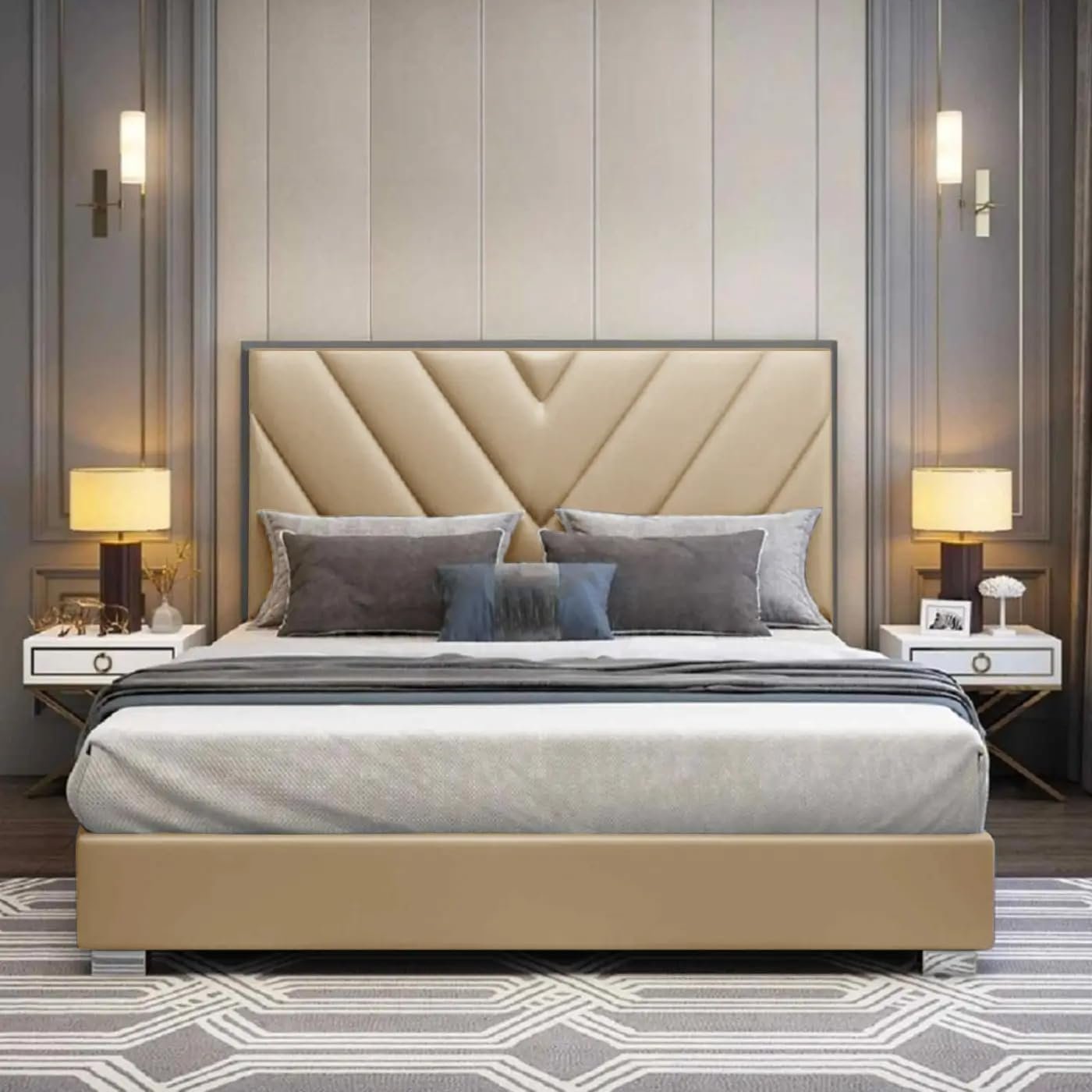 Karnak Quincy Tufted headboard Velvet Upholstery Bed - Queen: 160 x 200cm, Beige