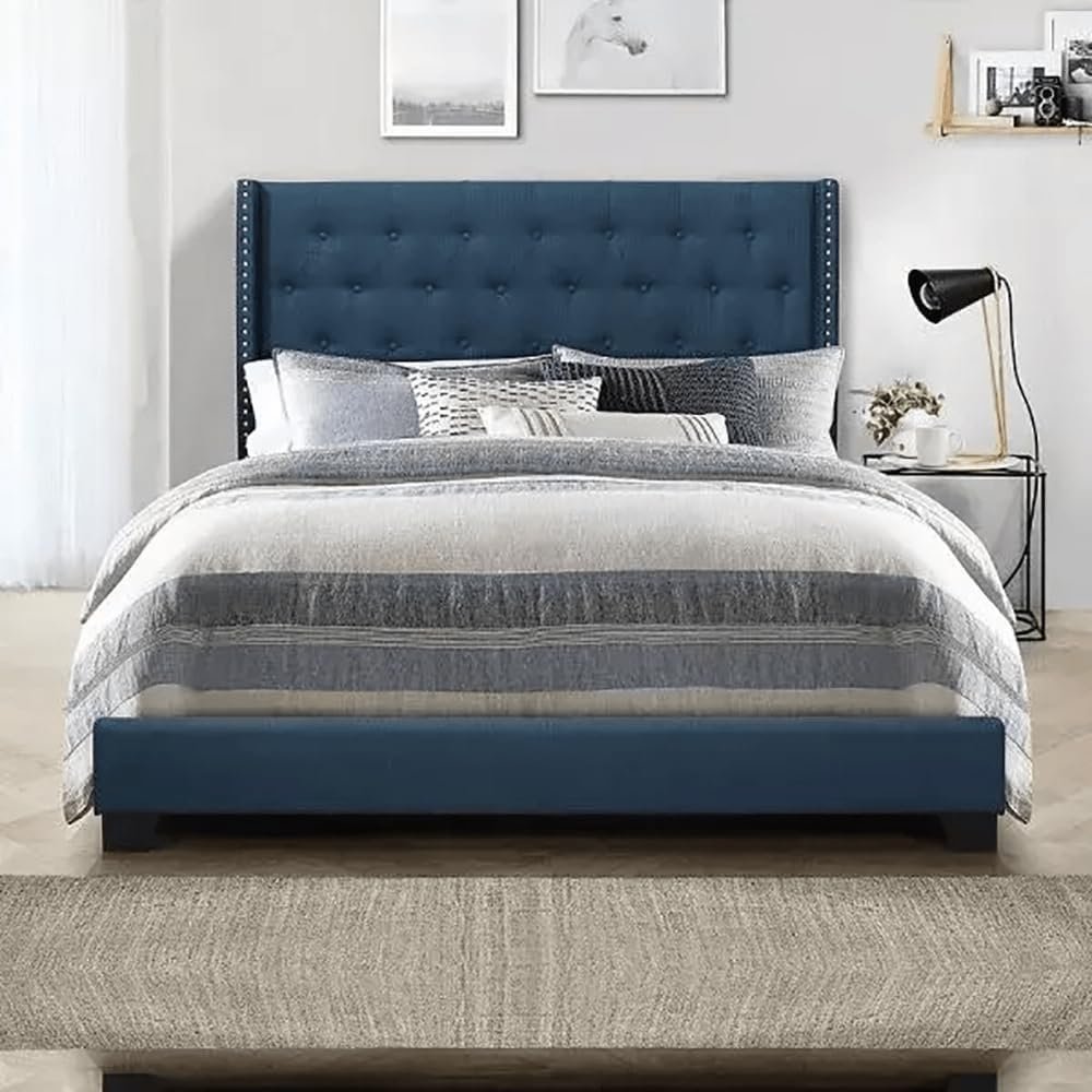 Karnak Magnus Upholstered Linen Bed - Police Blue, Queen: 160 x 200cm