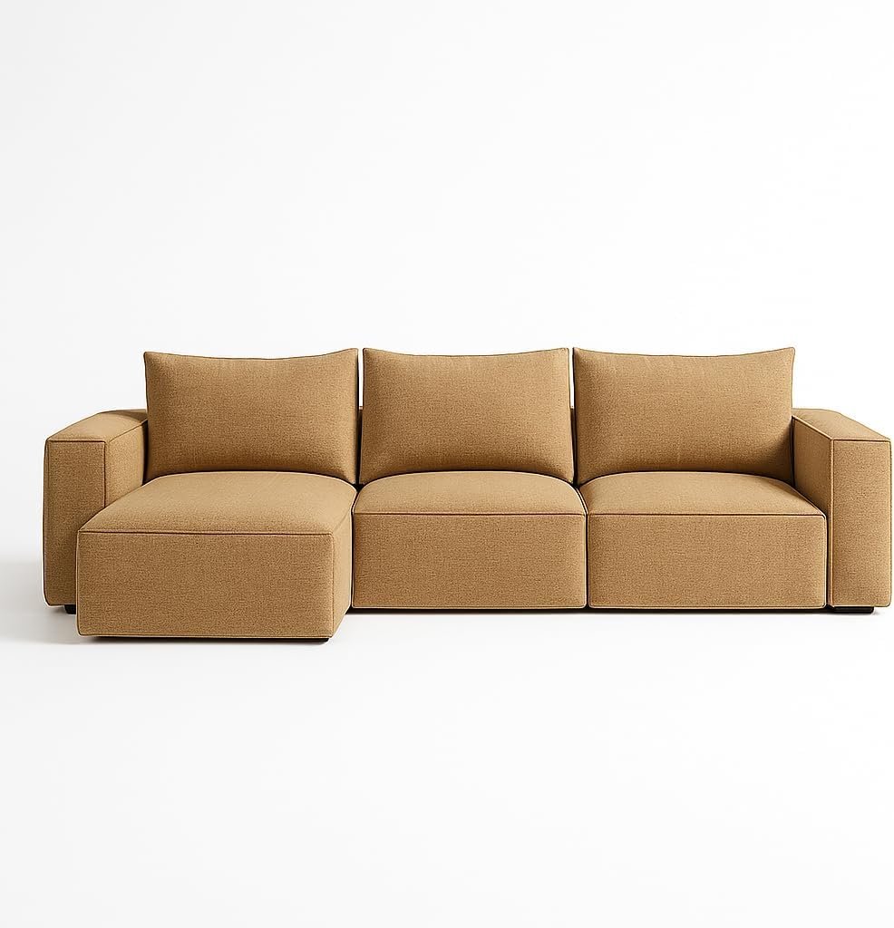 Karnak Rabia 3 Seater Sectional Sofa with Cushions | L-Shaped Sofa | Comfortable Living Room Furniture | Modern Balcony Sofa with Pillows (Camel Beige)