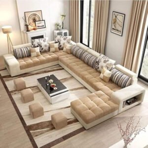 Karnak Modern U-Shaped Sofa Set Solid Wood 9-Seater Sectional Sofa for Living Room Furniture, Corner Fabric Upholstered Couch (Beige)