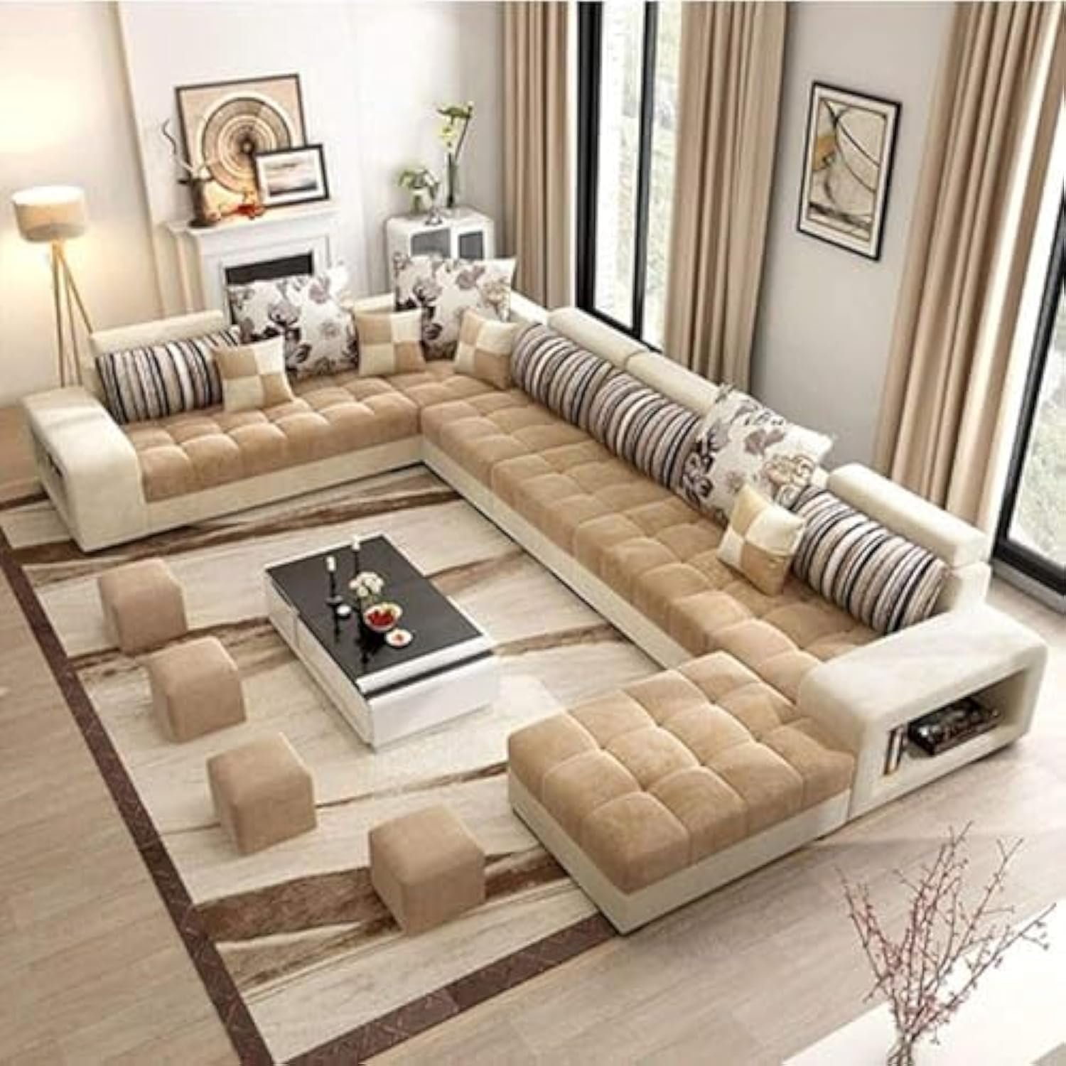 Karnak Modern U-Shaped Sofa Set Solid Wood 9-Seater Sectional Sofa for Living Room Furniture, Corner Fabric Upholstered Couch (Beige)