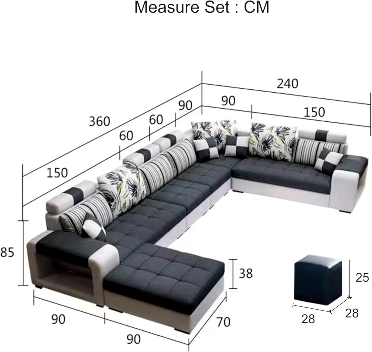 Karnak Modern U-Shaped Sofa Set Solid Wood 9-Seater Sectional Sofa for Living Room Furniture, Corner Fabric Upholstered Couch (Grey) - Image 2