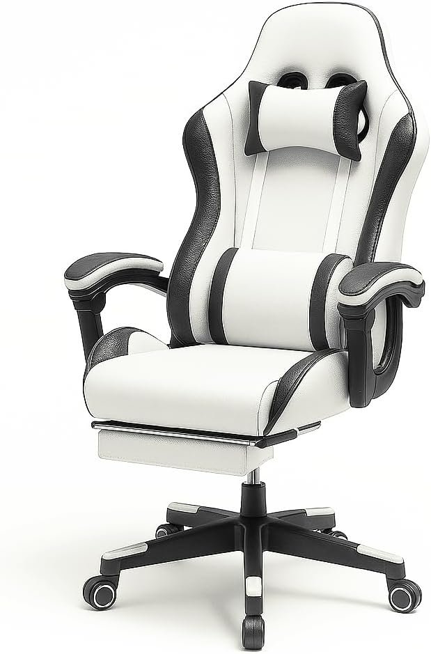 KARNAK Ergonomic Gamer Chair | High Back Gaming Chair with Retractable Footrest | Reclining Back, Adjustable Height, Neck & Lumbar Support | Office & Gaming Use (White)