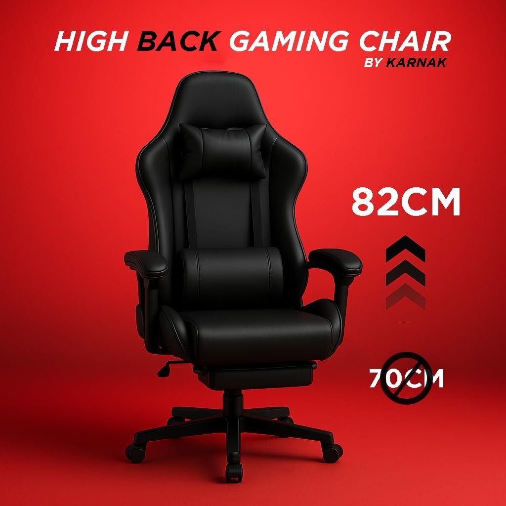 KARNAK Ergonomic Gamer Chair | High Back Gaming Chair with Retractable Footrest | Reclining Back, Adjustable Height, Neck & Lumbar Support | Office & Gaming Use (Black) - Image 5