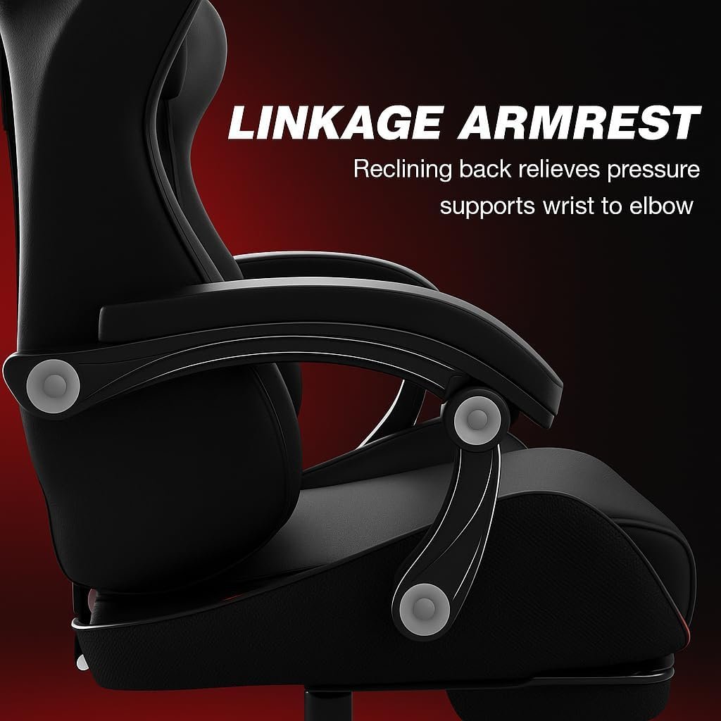 KARNAK Ergonomic Gamer Chair | High Back Gaming Chair with Retractable Footrest | Reclining Back, Adjustable Height, Neck & Lumbar Support | Office & Gaming Use (Black) - Image 6