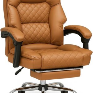 KARNAK Gaming Chair Pu Leather, High Back Swivel Chair Recliner with Lumbar Support | Adjustable Height, Silent Wheels, Diamond Stitch | Tilt Lock, Foam Padding, Chrome Base (Brown)