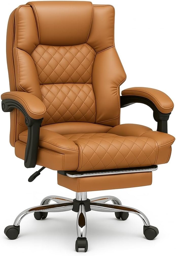 KARNAK Gaming Chair Pu Leather, High Back Swivel Chair Recliner with Lumbar Support | Adjustable Height, Silent Wheels, Diamond Stitch | Tilt Lock, Foam Padding, Chrome Base (Brown)