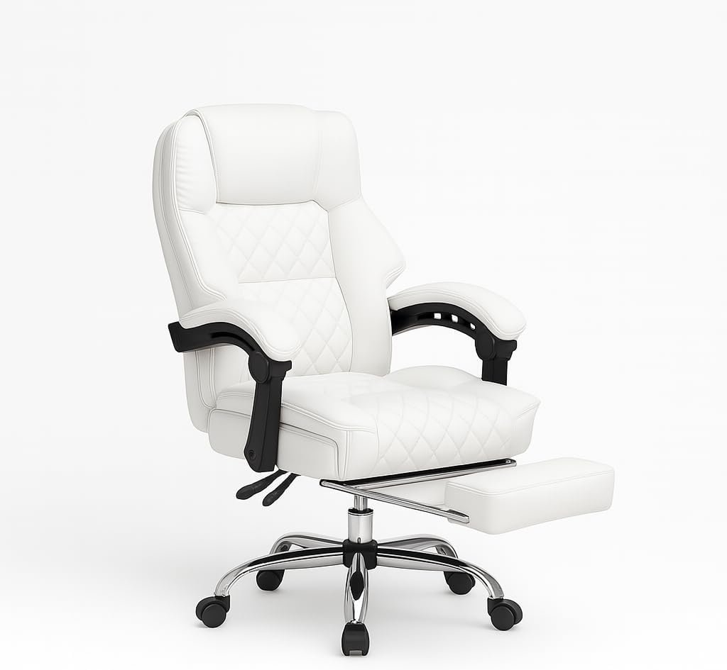 KARNAK Gaming Chair Pu Leather, High Back Swivel Chair Recliner with Lumbar Support | Adjustable Height, Silent Wheels, Diamond Stitch | Tilt Lock, Foam Padding, Chrome Base (White) - Image 5