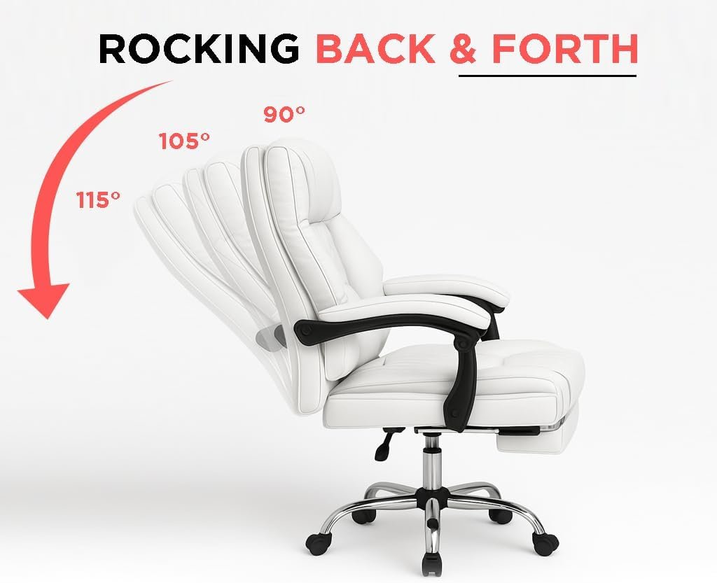 KARNAK Gaming Chair Pu Leather, High Back Swivel Chair Recliner with Lumbar Support | Adjustable Height, Silent Wheels, Diamond Stitch | Tilt Lock, Foam Padding, Chrome Base (White) - Image 6
