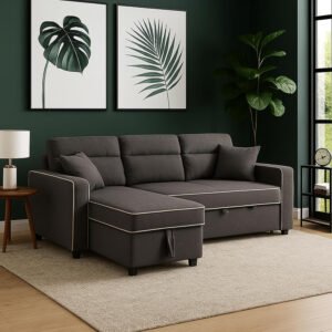KARNAK HUNTER V2 3-Seater Diwan Sofa Cum Bed with Convertible Left/Right Chaise & In-Built Storage | Grey Textured Finish | Space-Saving Living Room Furniture (GREY)