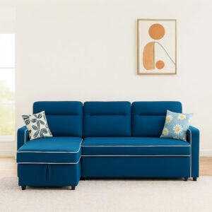 KARNAK HUNTER V2 3-Seater Diwan Sofa Cum Bed with Convertible Left/Right Chaise & In-Built Storage | Grey Textured Finish | Space-Saving Living Room Furniture (BLUE)