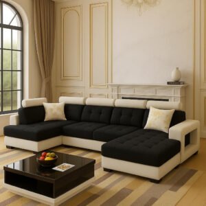 Karnak Sectional Sofa Set, Solid Wood Sofa for Living Room Furniture Modern Corner Fabric Upholstered Sofa Set (Cream White)