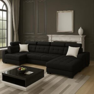 Karnak Sectional Sofa Set, Solid Wood Sofa for Living Room Furniture Modern Corner Fabric Upholstered Sofa Set (Black)