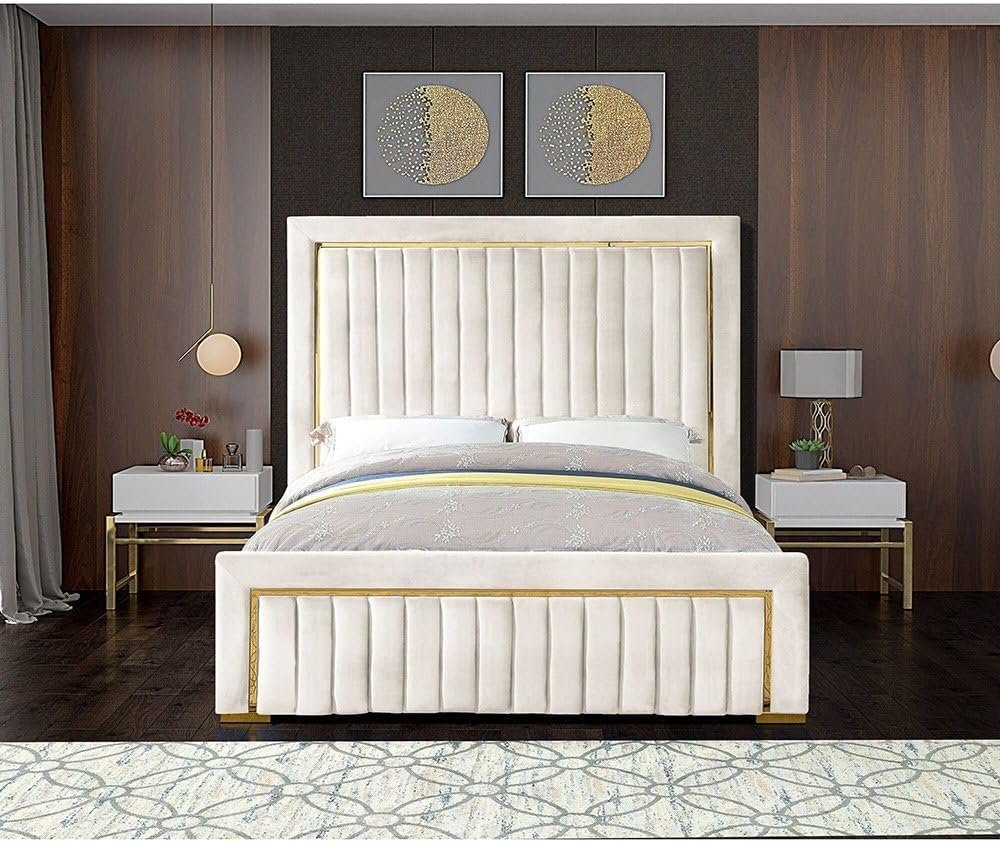 Atlas Gold Trim High Headboard Velvet Upholstery Bed - Customizable Design for UAE Bedrooms - Image 2