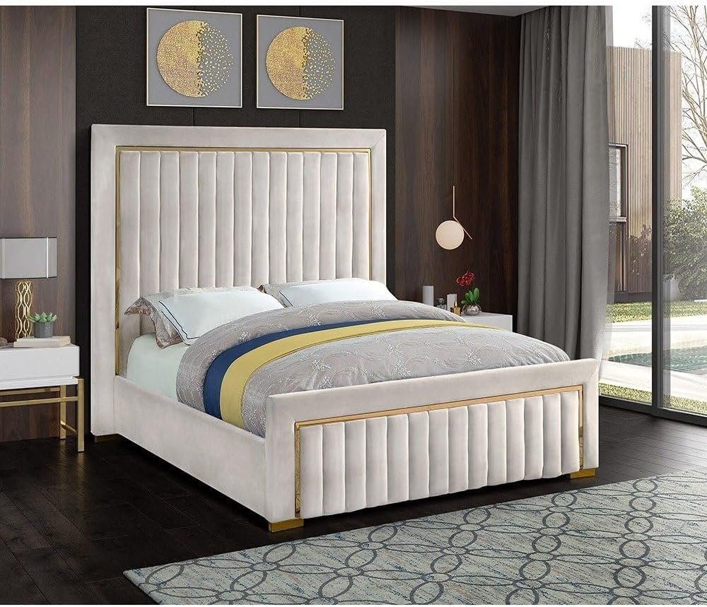 Atlas Gold Trim High Headboard Velvet Upholstery Bed - Customizable Design for UAE Bedrooms - Image 4