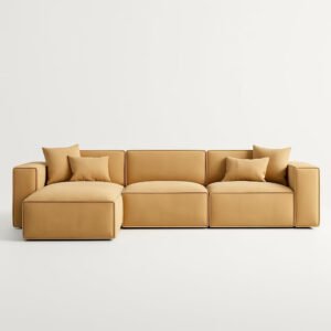 KUSTOMDECO Luxury Carol Corner Sofa 3 Seater L-Shape Velvet Sofa | Modern Arabic Furniture, Fabric Cushion Back | Wood & Metal Frame, Elegant Cotton Upholstery | Living room furniture (Beige)