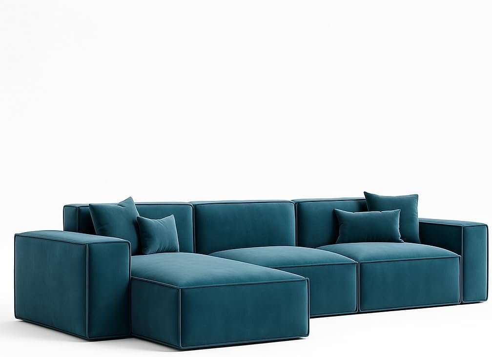 KUSTOMDECO Luxury Carol Corner Sofa 3 Seater L-Shape Velvet Sofa | Modern Arabic Furniture, Fabric Cushion Back | Wood & Metal Frame, Elegant Cotton Upholstery | Living room furniture (Blue) - Image 4