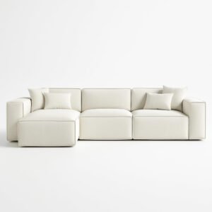 KUSTOMDECO Luxury Carol Corner Sofa 3 Seater L-Shape Velvet Sofa | Modern Arabic Furniture, Fabric Cushion Back | Wood & Metal Frame, Elegant Cotton Upholstery | Living room furniture (Ivory White)