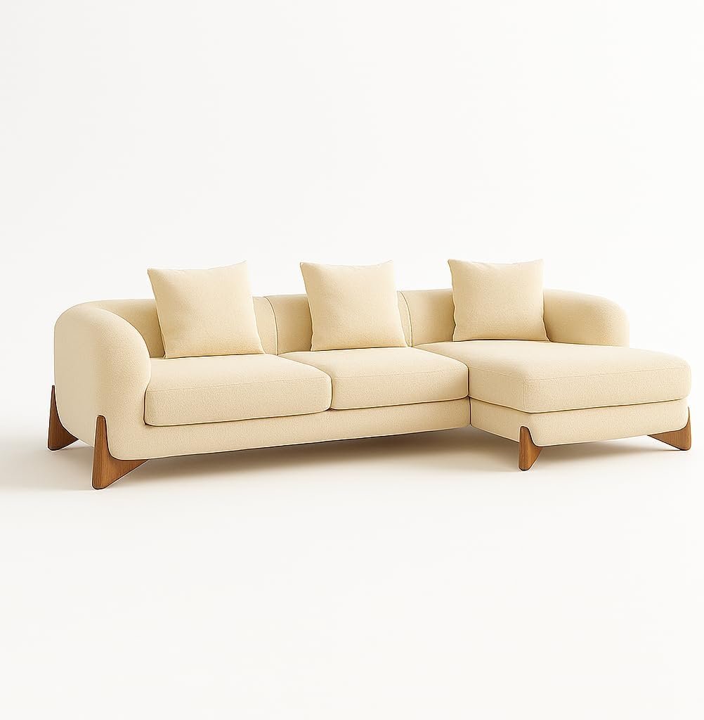 KUSTOMDECO Astoria Fleece Fabric Sofa | L-Shape Sofa Set | Sectional Sofa for Living Room Furniture | Premium Soft Upholstery | Corner Couch | Cozy Modern Design (Cream)