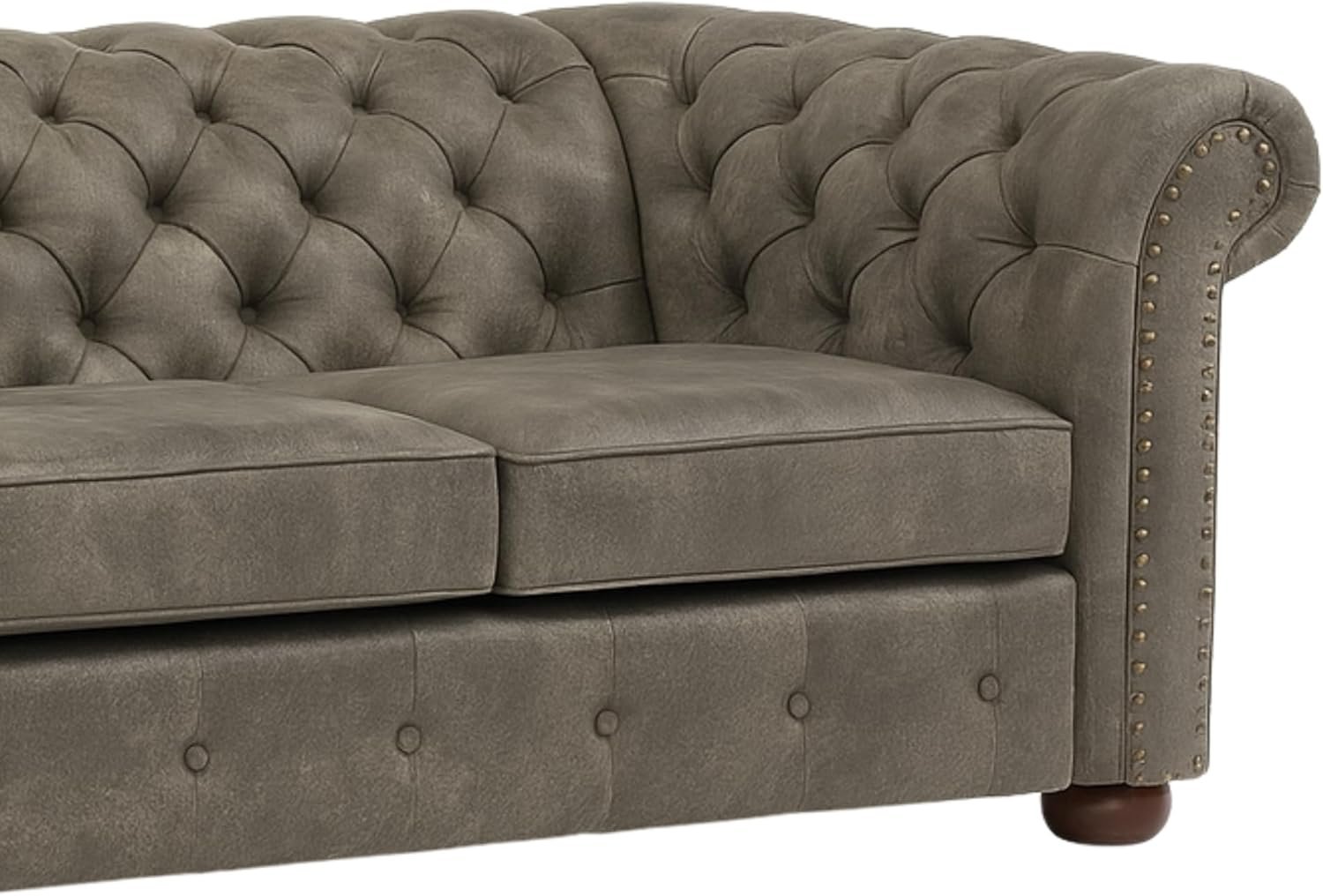 KUSTOMDECO Chesterfield PU Leather Sofa | 3 Seater Couch for Living Room | Button-Tufted Classic Scroll Arms | Elegant Upholstery Modern & Durable Furniture (Grey) - Image 4
