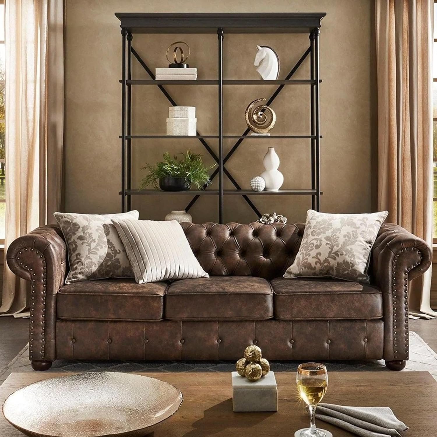 KUSTOMDECO Chesterfield PU Leather Sofa | 3 Seater Couch for Living Room | Button-Tufted Classic Scroll Arms | Elegant Upholstery Modern & Durable Furniture (Grey) - Image 9