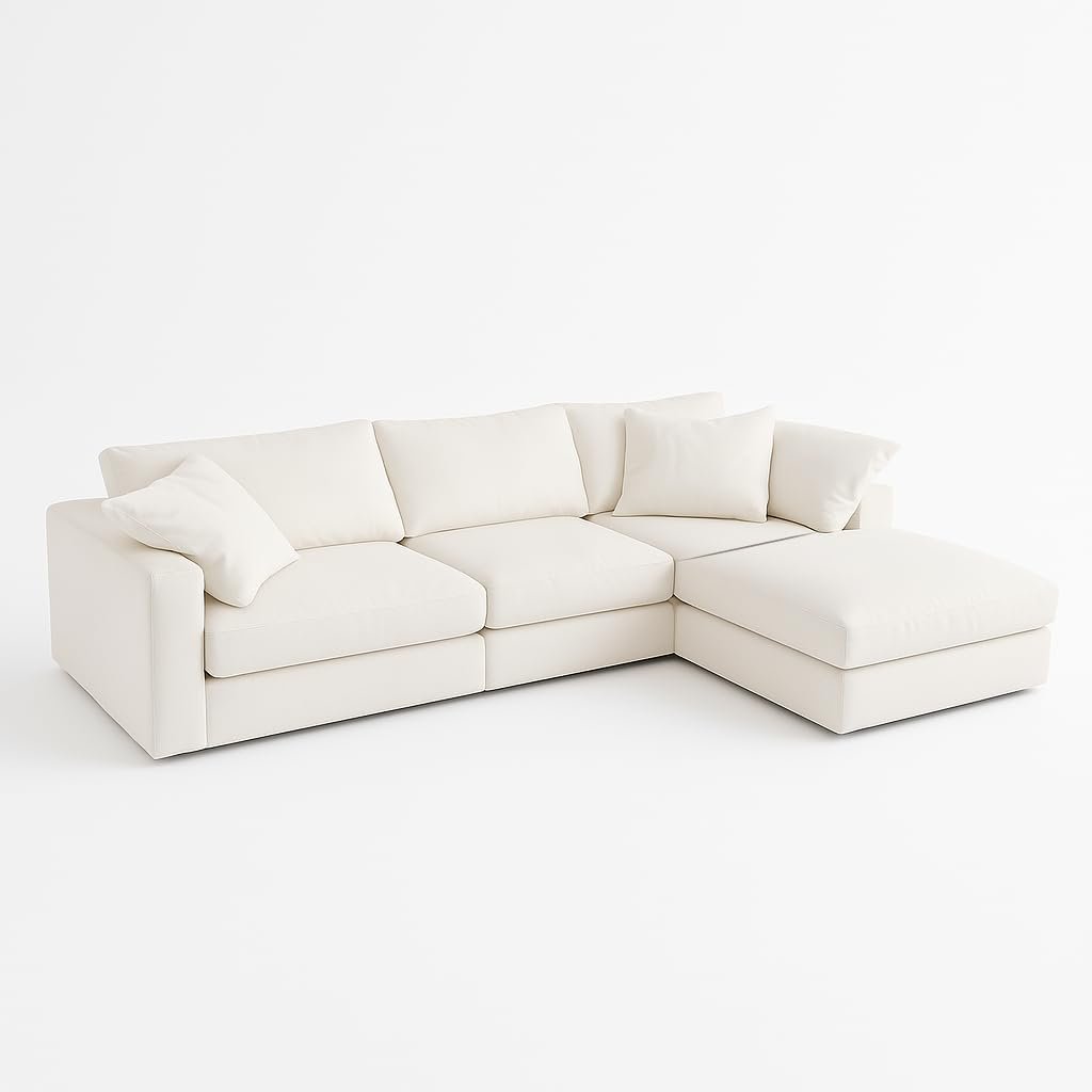 KUSTOMDECO Cloud Waterproof Sofa | Cotton Linen L-Shape Sectional Sofa for Living Room Furniture & Office | Premium Comfort and Modern Design | Kid & Pet Friendly (Feather, White)
