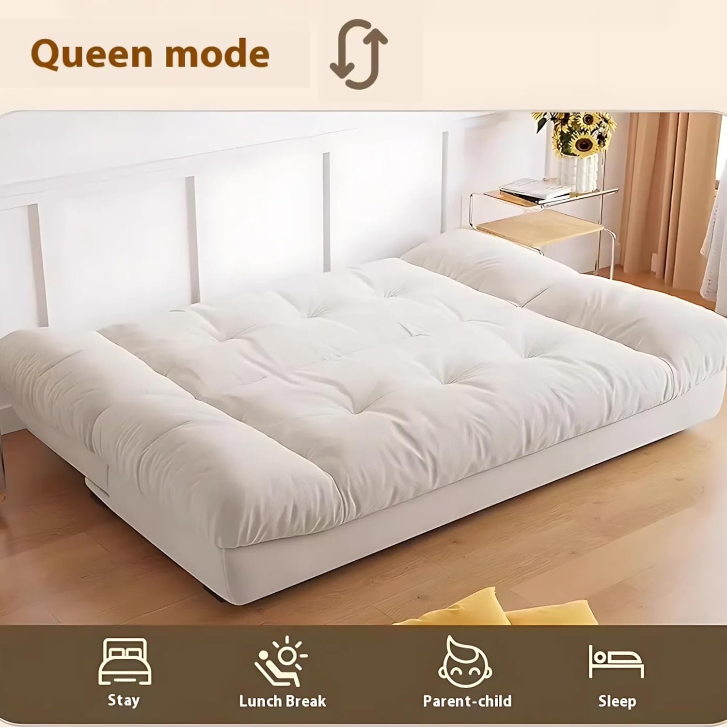 KUSTOMDECO Luxury 3-Seater Fabric Sofa Bed | Modern Convertible Couch Convertible Fabric Folding Sofa for Living Room Furniture, Guest Room & Bedroom | Space-Saving Tufted Design (White) - Image 4