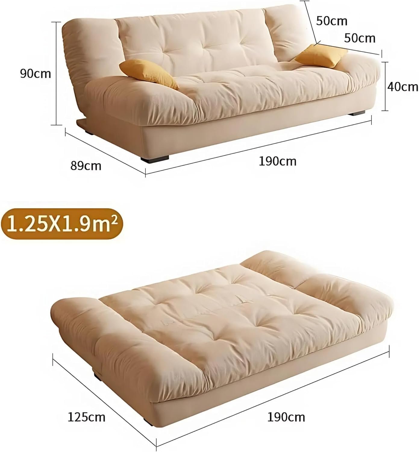 KUSTOMDECO Luxury 3-Seater Fabric Sofa Bed | Modern Convertible Couch Convertible Fabric Folding Sofa for Living Room Furniture, Guest Room & Bedroom | Space-Saving Tufted Design (Yellow) - Image 2