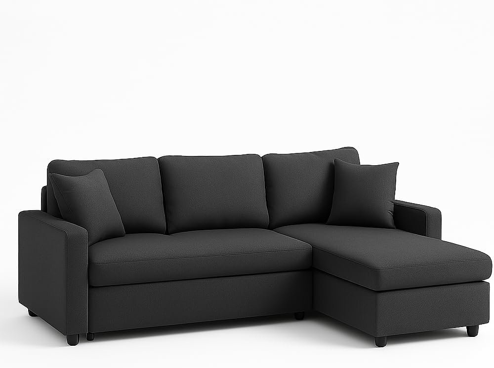 Hunter 3-Seater L-Shaped Sofa Cum Bed with Storage | Convertible Fabric Corner Couch for Living Room Furniture | Cushion Back | Track Arms & Metal Frame | Blue (Gray)