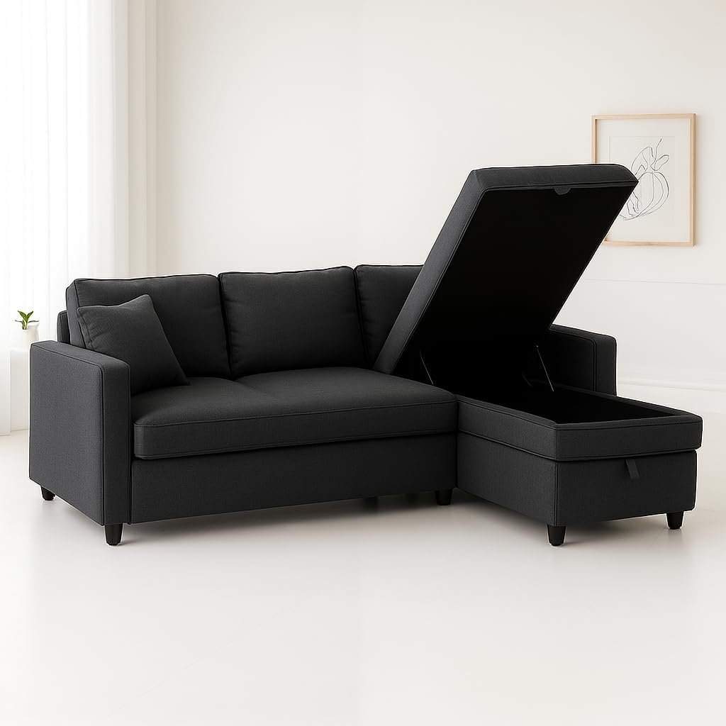 Hunter 3-Seater L-Shaped Sofa Cum Bed with Storage | Convertible Fabric Corner Couch for Living Room Furniture | Cushion Back | Track Arms & Metal Frame | Blue (Gray) - Image 2