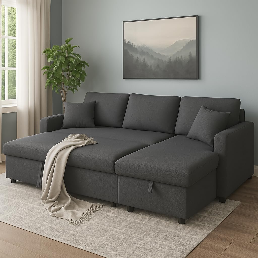 Hunter 3-Seater L-Shaped Sofa Cum Bed with Storage | Convertible Fabric Corner Couch for Living Room Furniture | Cushion Back | Track Arms & Metal Frame | Blue (Gray) - Image 8