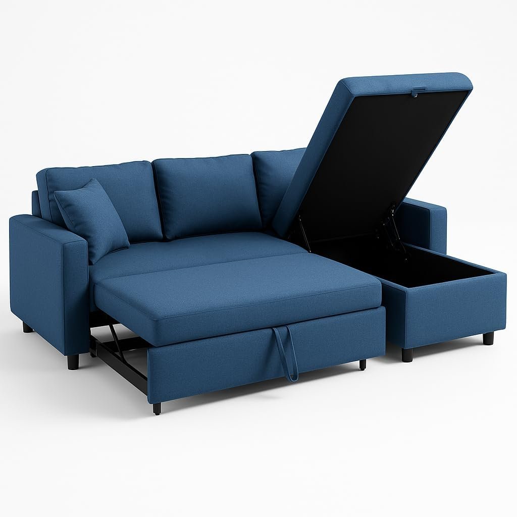 Hunter 3-Seater L-Shaped Sofa Cum Bed with Storage | Convertible Fabric Corner Couch for Living Room Furniture | Cushion Back | Track Arms & Metal Frame | Blue (Gray) - Image 28