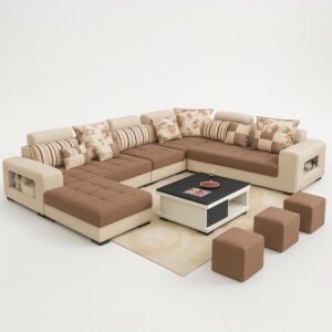 KUSTOMDECO Modern U-Shaped Sectional Sofa Set | Luxury Fabric Upholstered 10-Seater Solid Wood Sofa for Spacious Living Room Furniture (BEIGE)