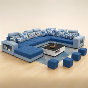 KUSTOMDECO Modern U-Shaped Sectional Sofa Set | Luxury Fabric Upholstered 10-Seater Solid Wood Sofa for Spacious Living Room Furniture (BLUE)