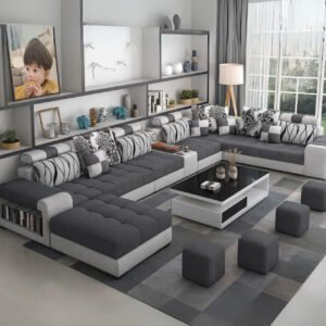KUSTOMDECO Modern U-Shaped Sectional Sofa Set | Luxury Fabric Upholstered 10-Seater Solid Wood Sofa for Spacious Living Room Furniture (GREY)