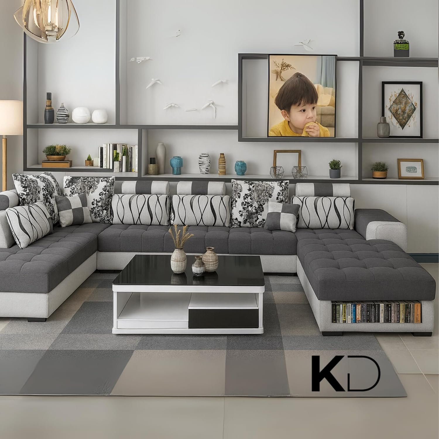 KUSTOMDECO Modern U-Shaped Sectional Sofa Set | Luxury Fabric Upholstered 10-Seater Solid Wood Sofa for Spacious Living Room Furniture (GREY) - Image 5