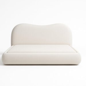 KUSTOMDECO Fleece Fabric Double Bed Frame Wooden | Solid Wood Base & Legs | Beige Upholstered Platform Bed (Double (120 x 200 cm) Without Mattress)