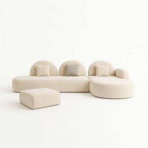 KUSTOMDECO Luxury Velvet Sectional Sofa Set | Beige Overstuffed L-Shaped Sofa Set Modular Cloud-Shaped Corner Sofa with Footstool Living Room Furniture (L Shape + Footstool)