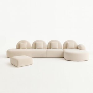 KUSTOMDECO Luxury Velvet Sectional Sofa Set | Beige Overstuffed L-Shaped Sofa Set Modular Cloud-Shaped Corner Sofa with Footstool Living Room Furniture (L Shape + Single Chair + Footstool)
