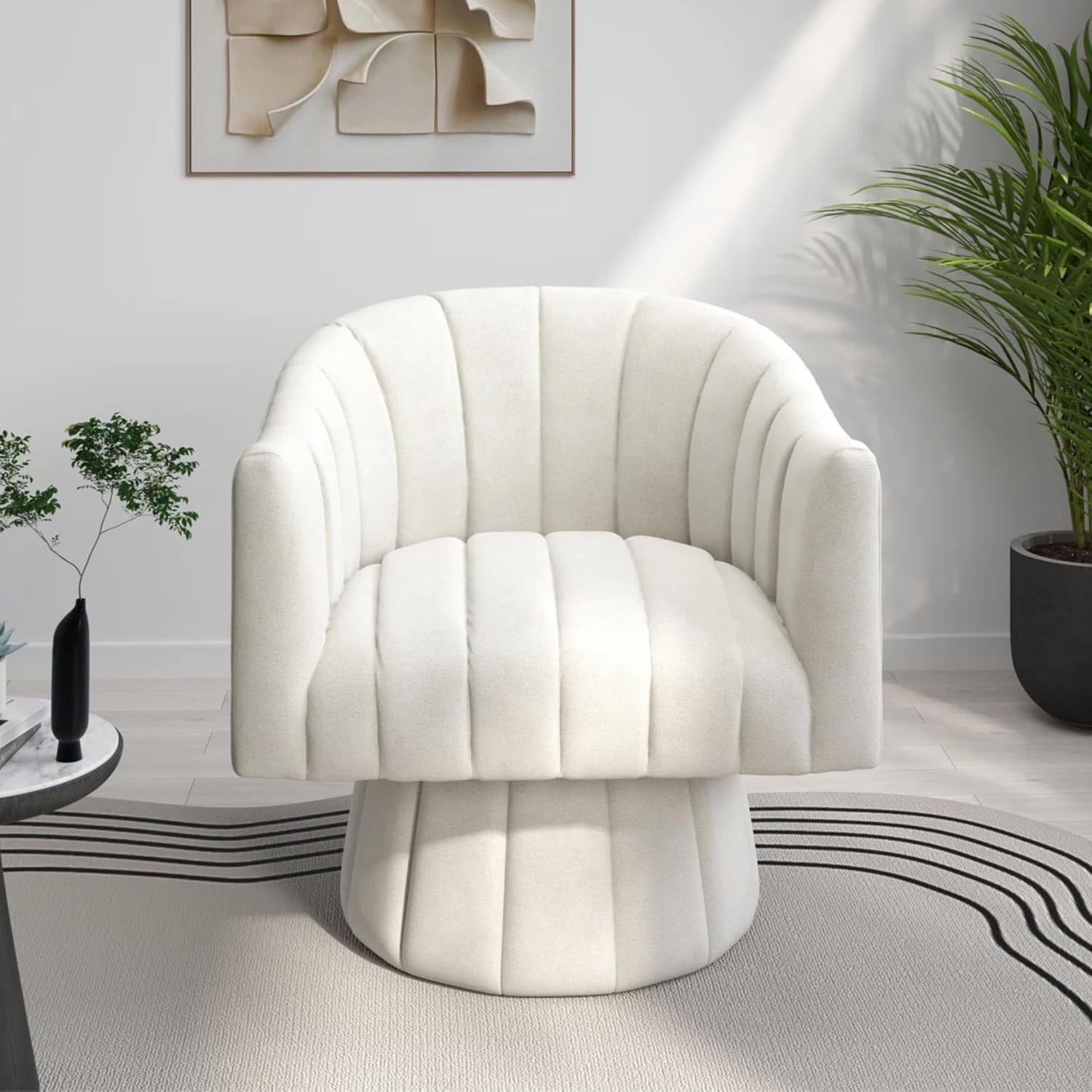 KUSTOMDECO 360° Swivel Velvet Barrel Accent Chair | Mid-Century Round Sofa Chair with Upholstered Cushion armchair for living room, Bedroom, Office, Small, Pumpkin Design (Beige) - Image 2